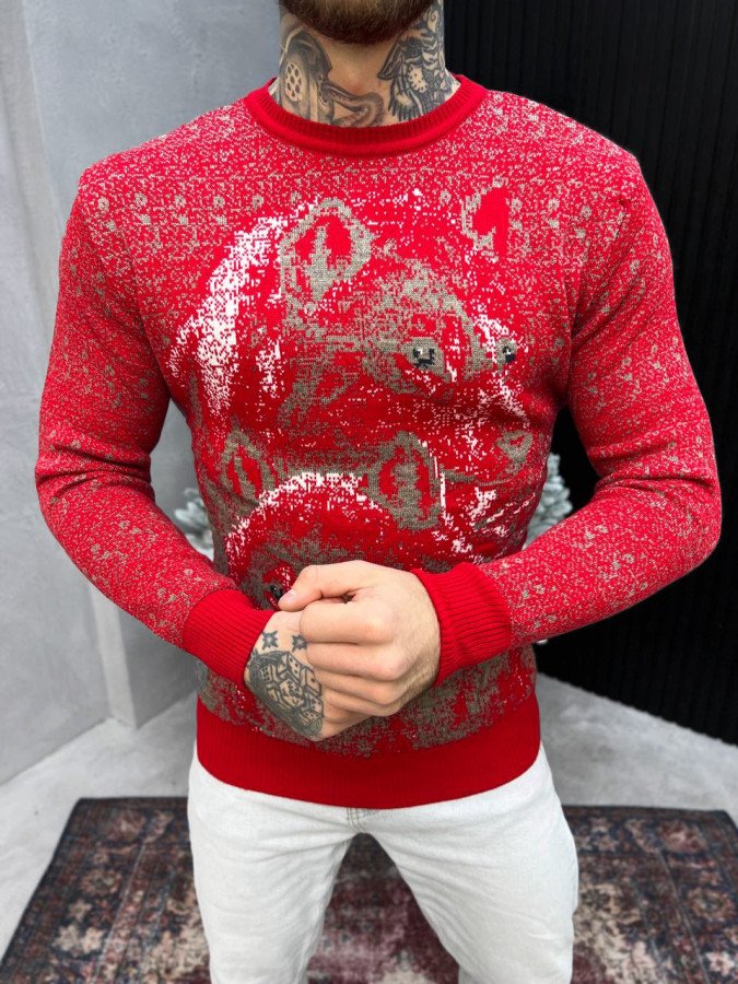 новорічний светр в'язаний wolf red ВТ4646